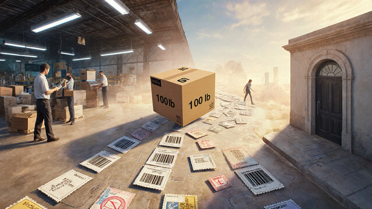 A surreal depiction of a shipping box traveling from a warehouse to a foreign doorstep, connected by a path of logistics symbols.