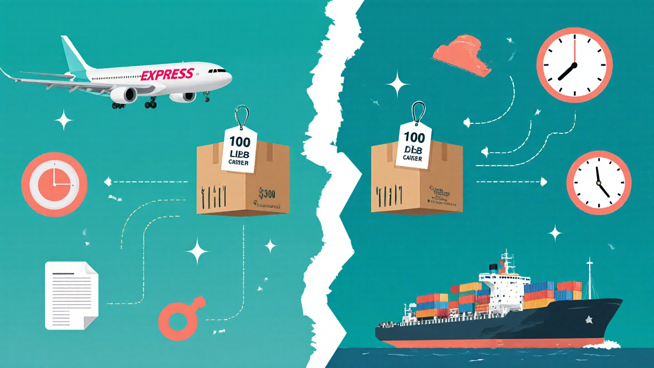 A visual comparison showing a 100 lb box sent via express air freight versus economy sea freight with price tags and icons.