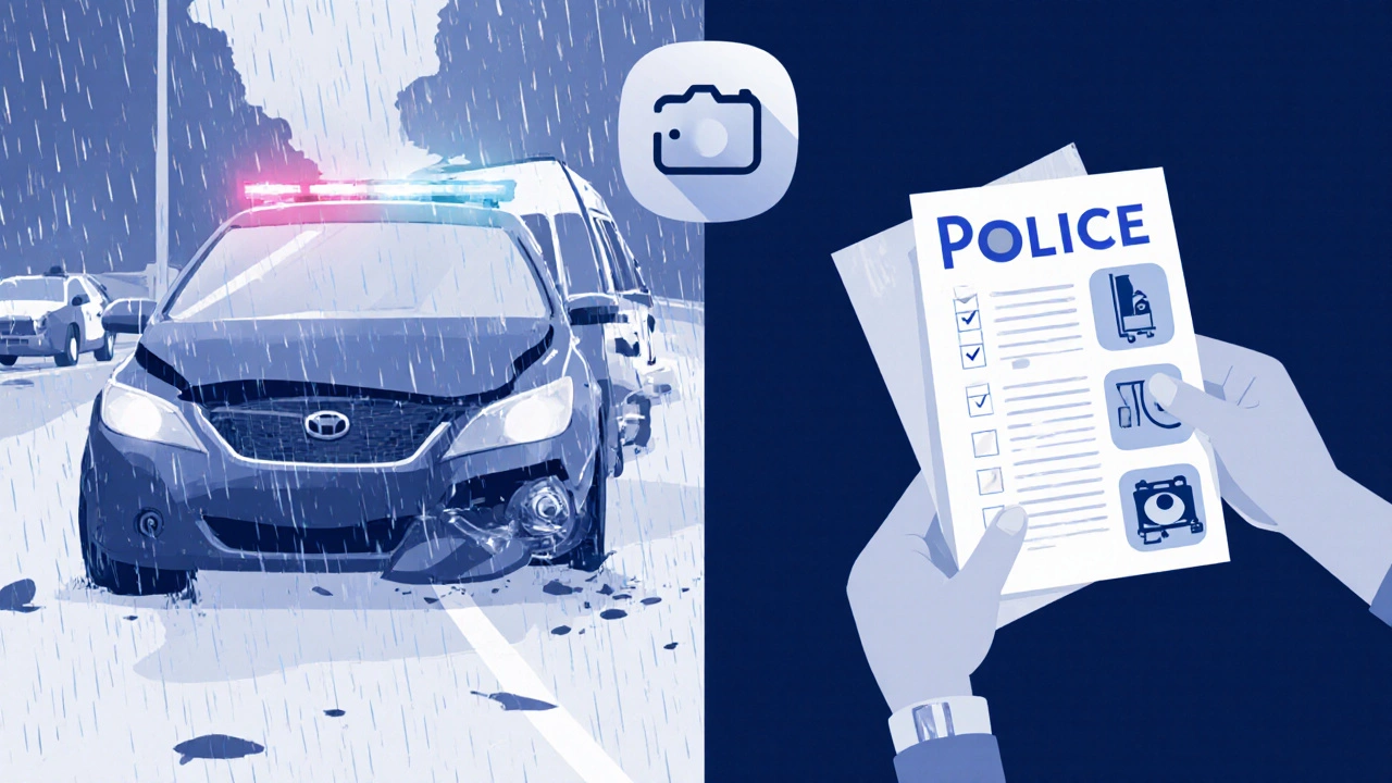 Accident scene with driver documenting damage and police report, app icon nearby.