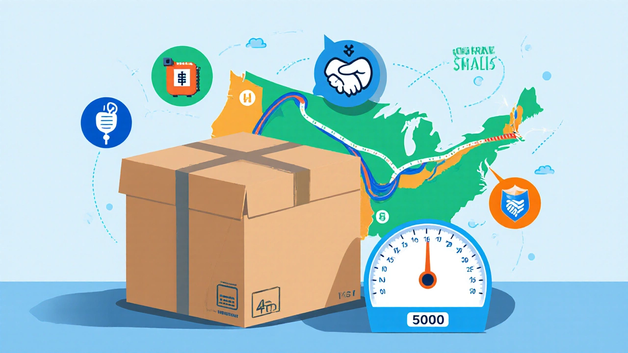 Box with dimensions, scale, calculator, and map showing courier pricing components.