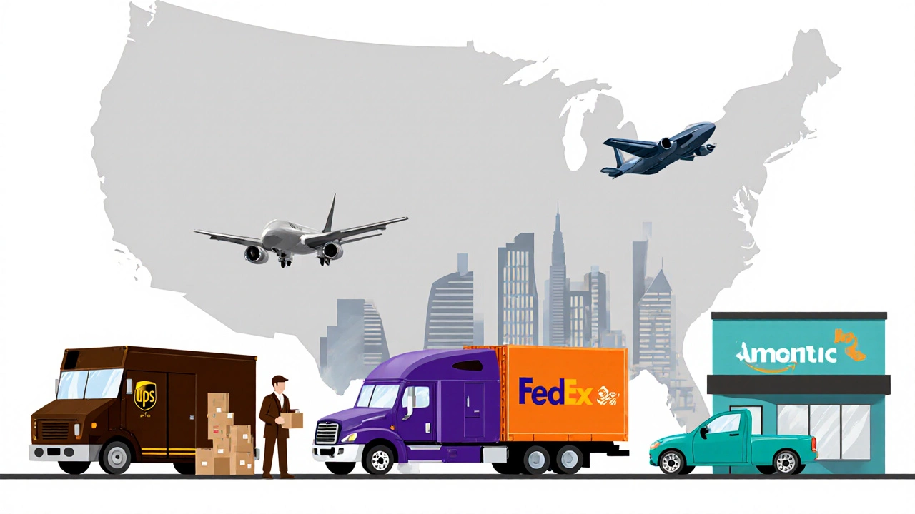 Brown UPS vans, purple FedEx trucks, and teal Amazon delivery vehicles on a stylized map.