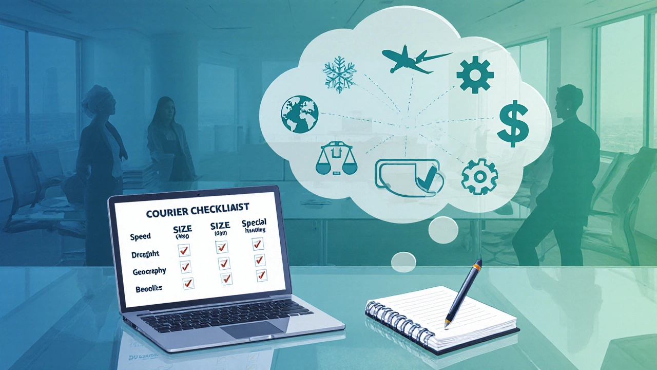 Businessperson reviewing courier checklist with icons for speed, size, and cost.