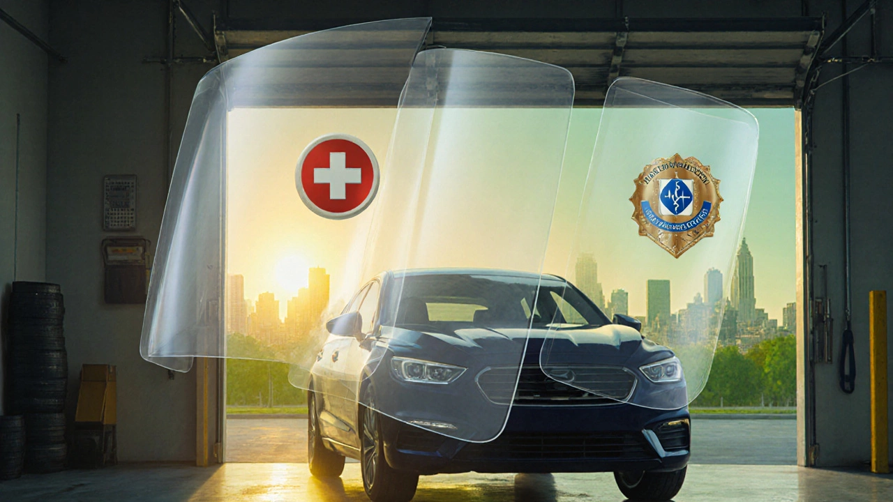 Car in garage protected by layered shields, with medical and workers‑comp symbols.