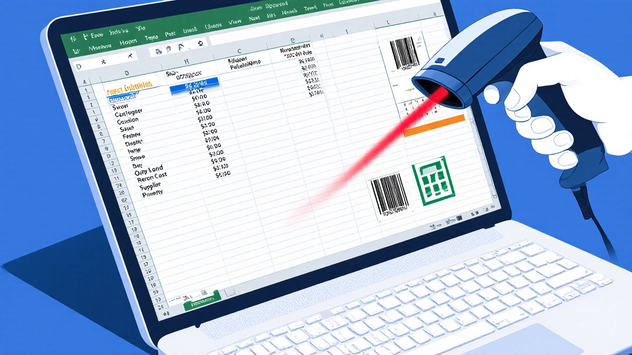 Close-up of an Excel inventory table with highlighted low‑stock cells and a barcode scanner.