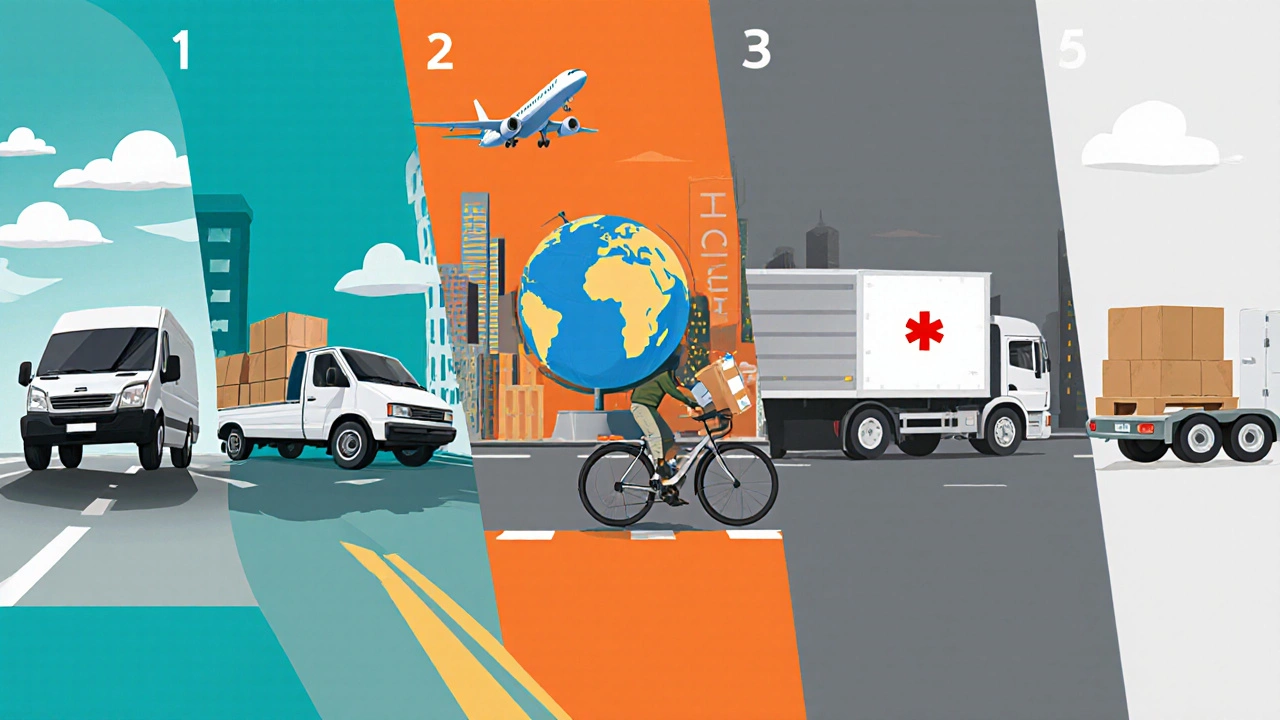 Collage illustrating five courier types: express van, cargo plane, bike, freight truck, medical box.