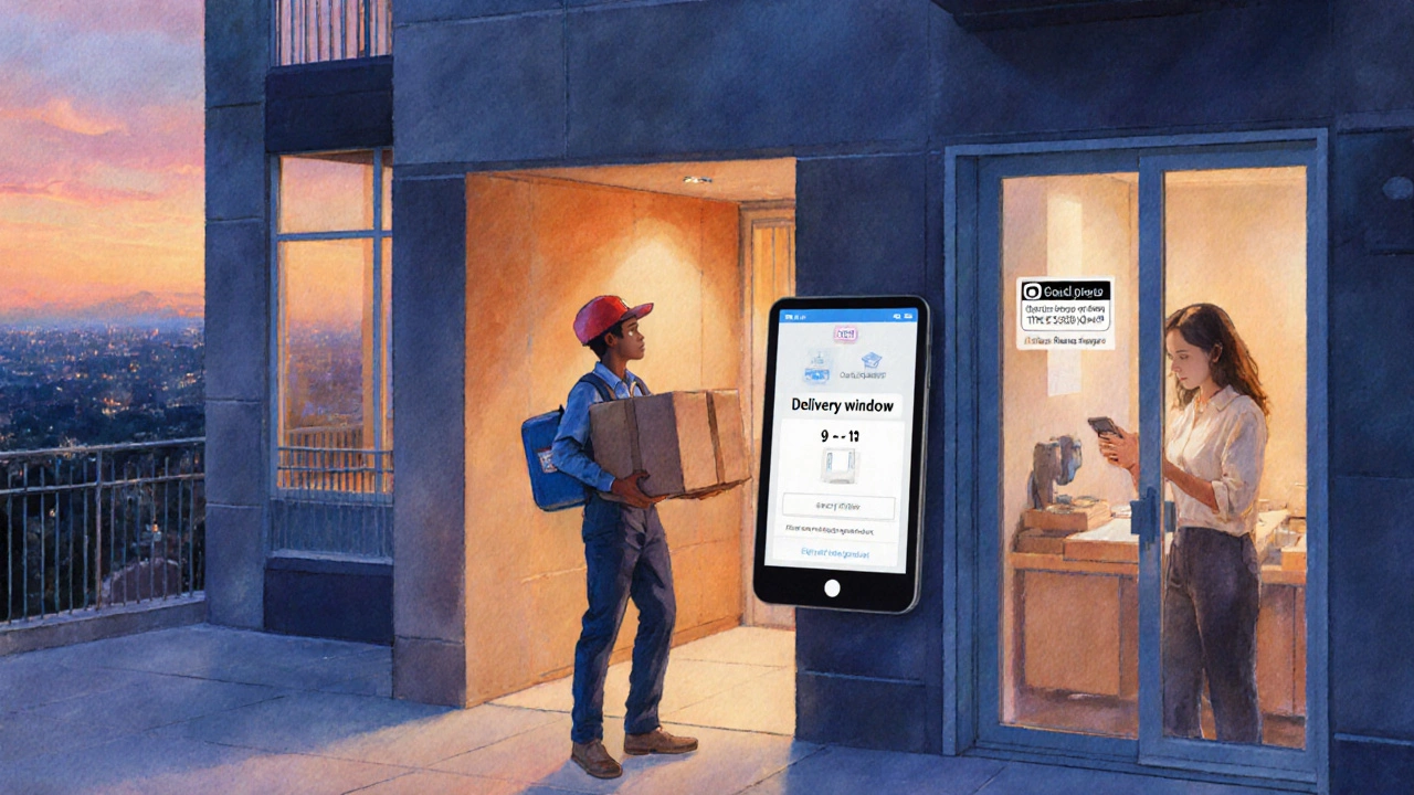 Courier at a high‑rise building with delivery window info as resident receives notification.