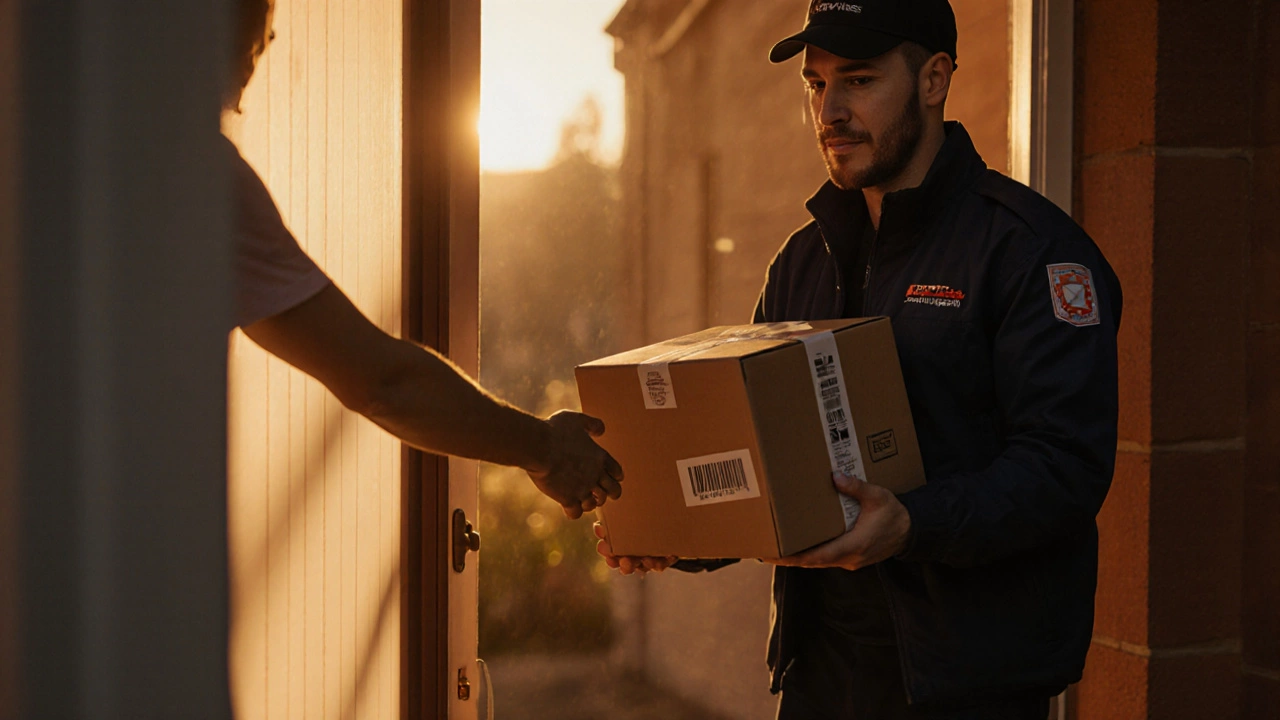 Courier collecting a well‑packed parcel from a doorstep at sunrise.