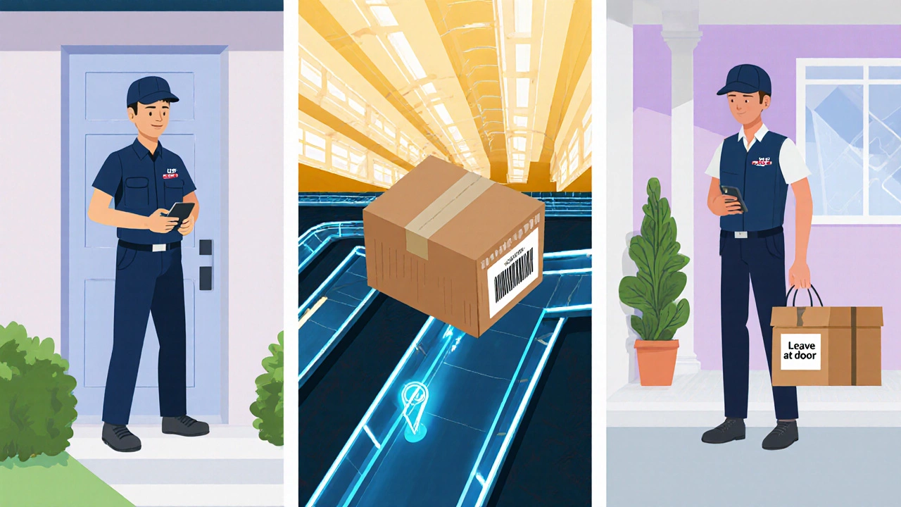 Courier scans a package, transports it through a hub, and leaves it on a porch.