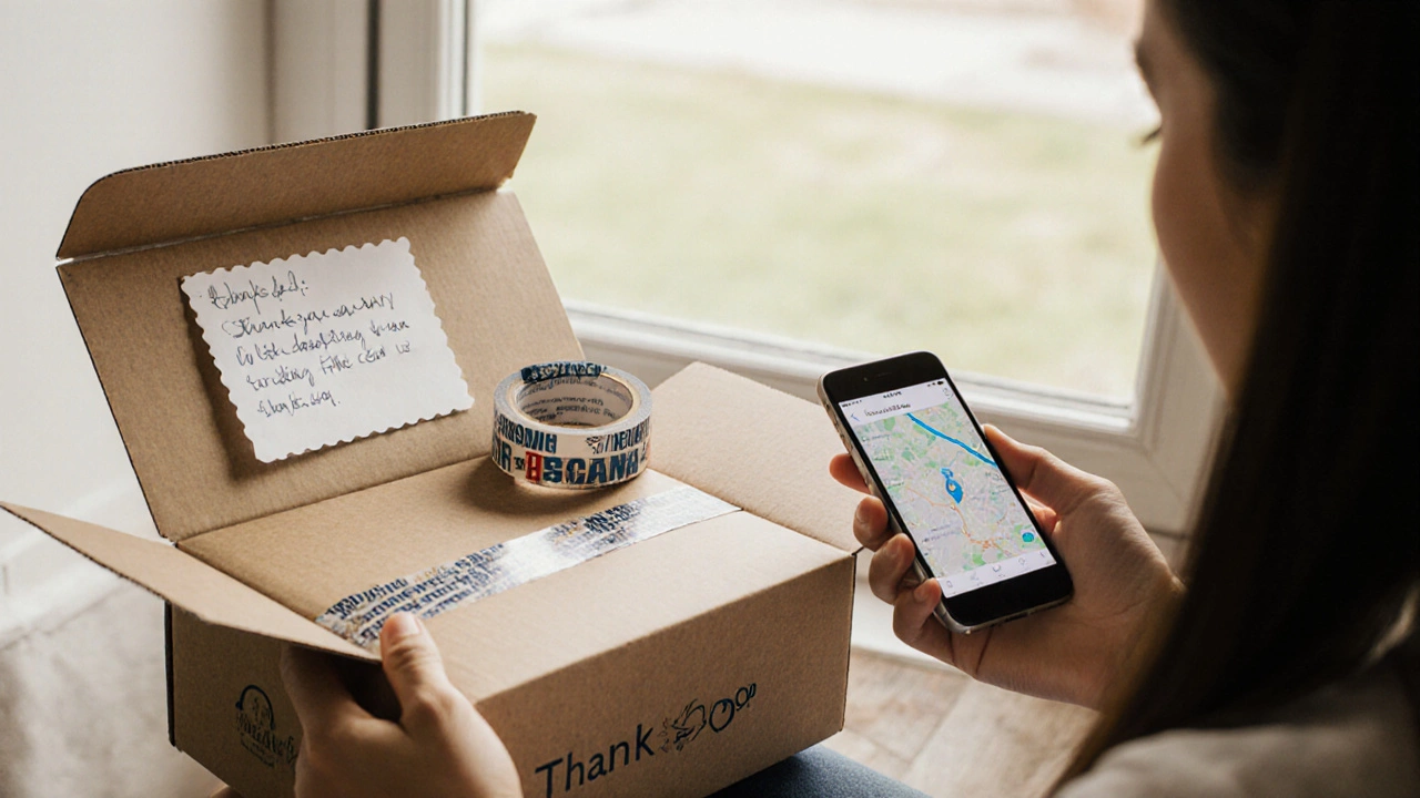 Customer unboxing a branded e-commerce order with thank-you note and free sample at home.