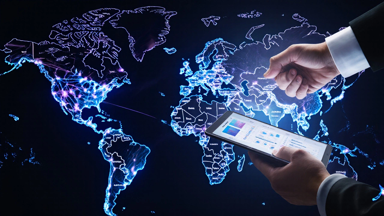 Digital art of a glowing globe with route lines, handshake, and tracking tablet.