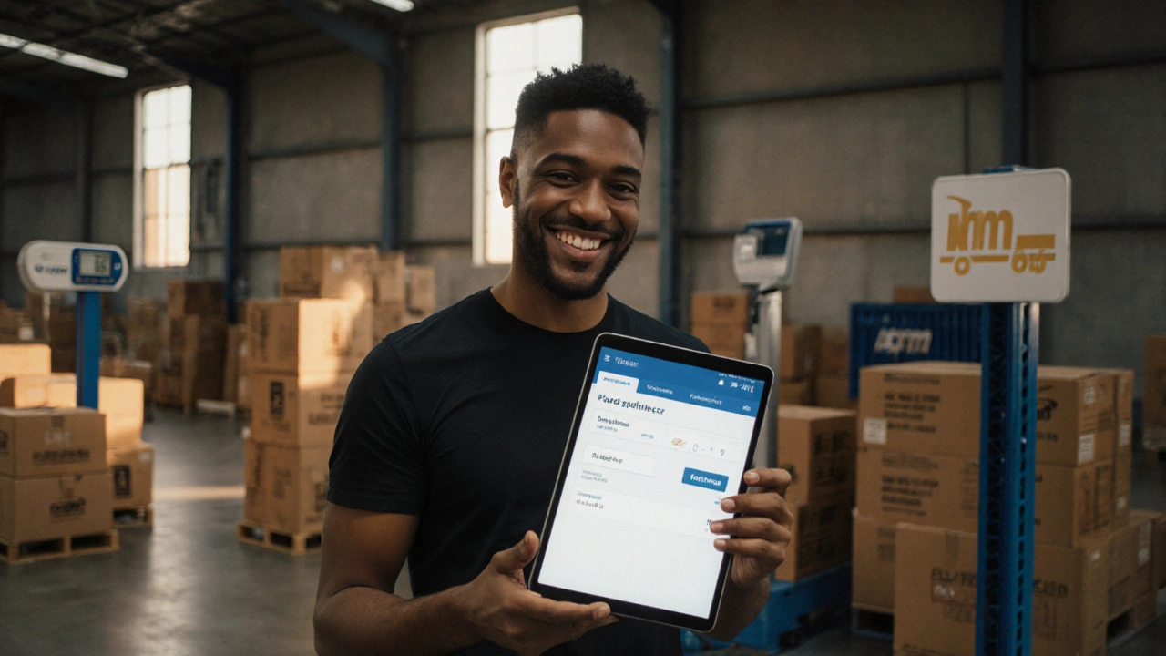 Entrepreneur holding a tablet near boxes and a scale in a bright warehouse.