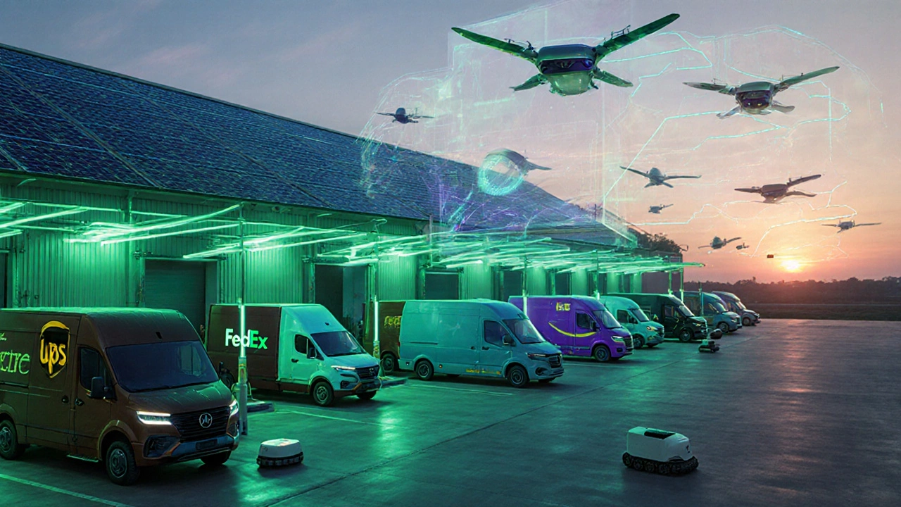 Futuristic electric vans, autonomous robots, and solar warehouse under a green tech sky.