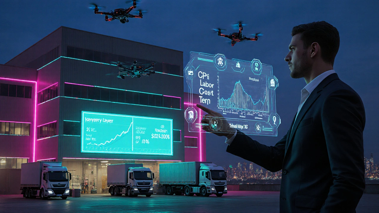 Futuristic fulfillment hub at dusk with drones, electric trucks, and broker presenting a holographic lease model.