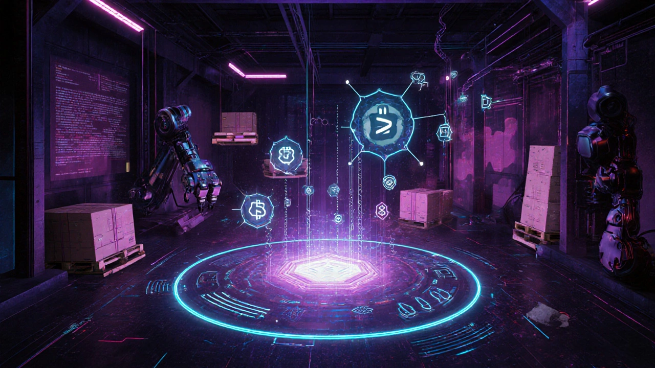 Futuristic logistics hub with holographic pallets, AI core, and neon blockchain elements.