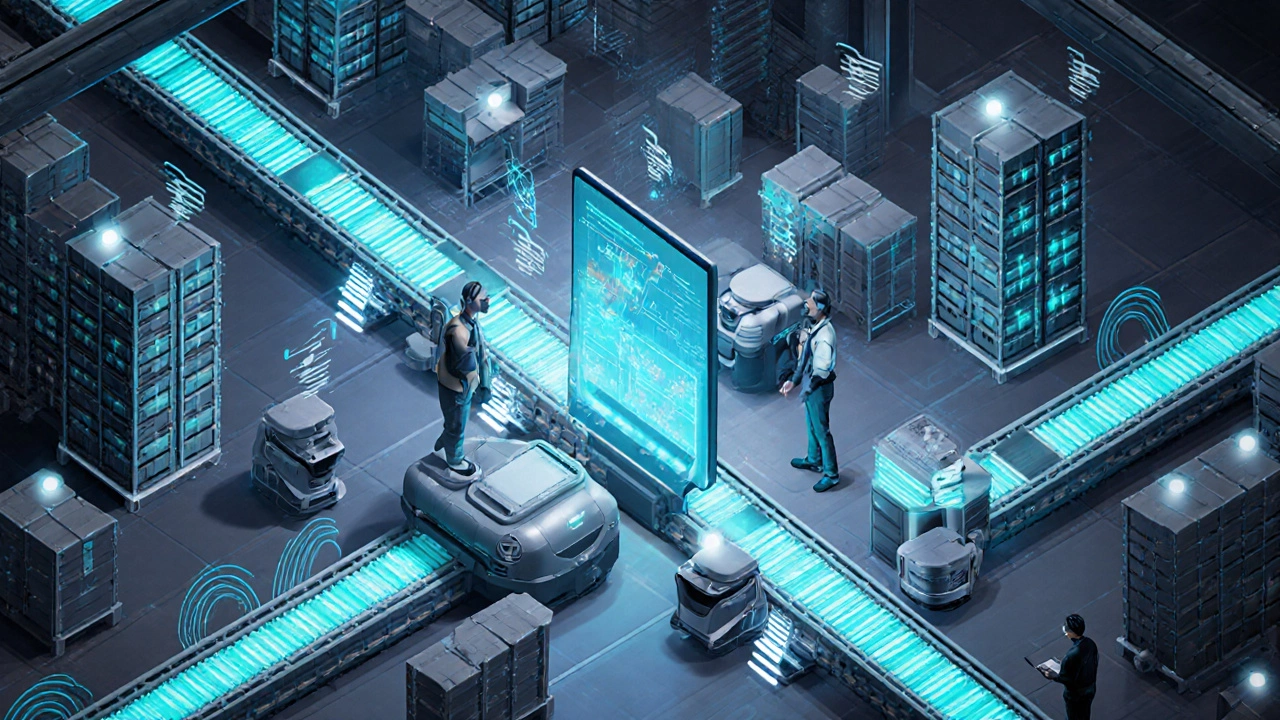 Futuristic warehouse with robots, RFID antennas, and holographic wave‑planning displays.
