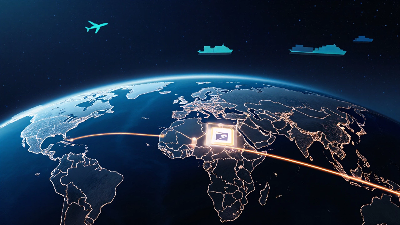 Glowing world map shows a package moving along a route through customs.