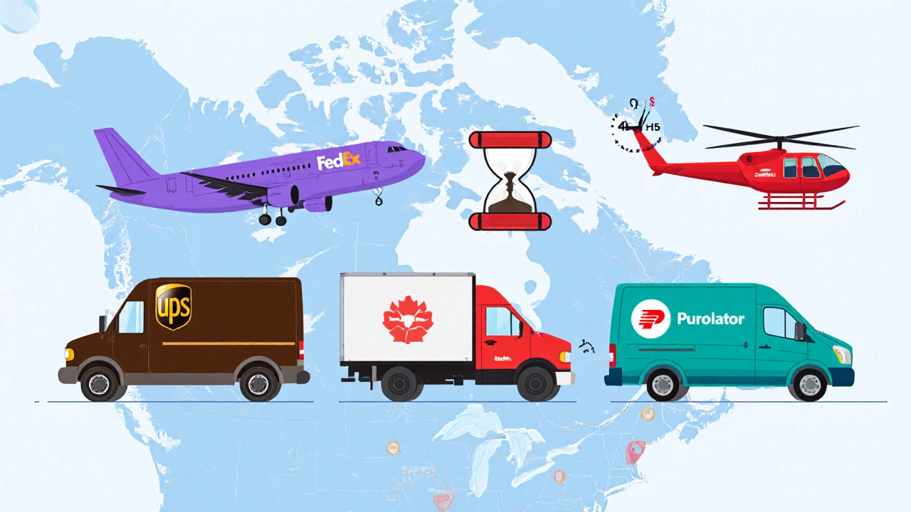 Illustrated lineup of different courier vehicles with timers indicating delivery speeds.