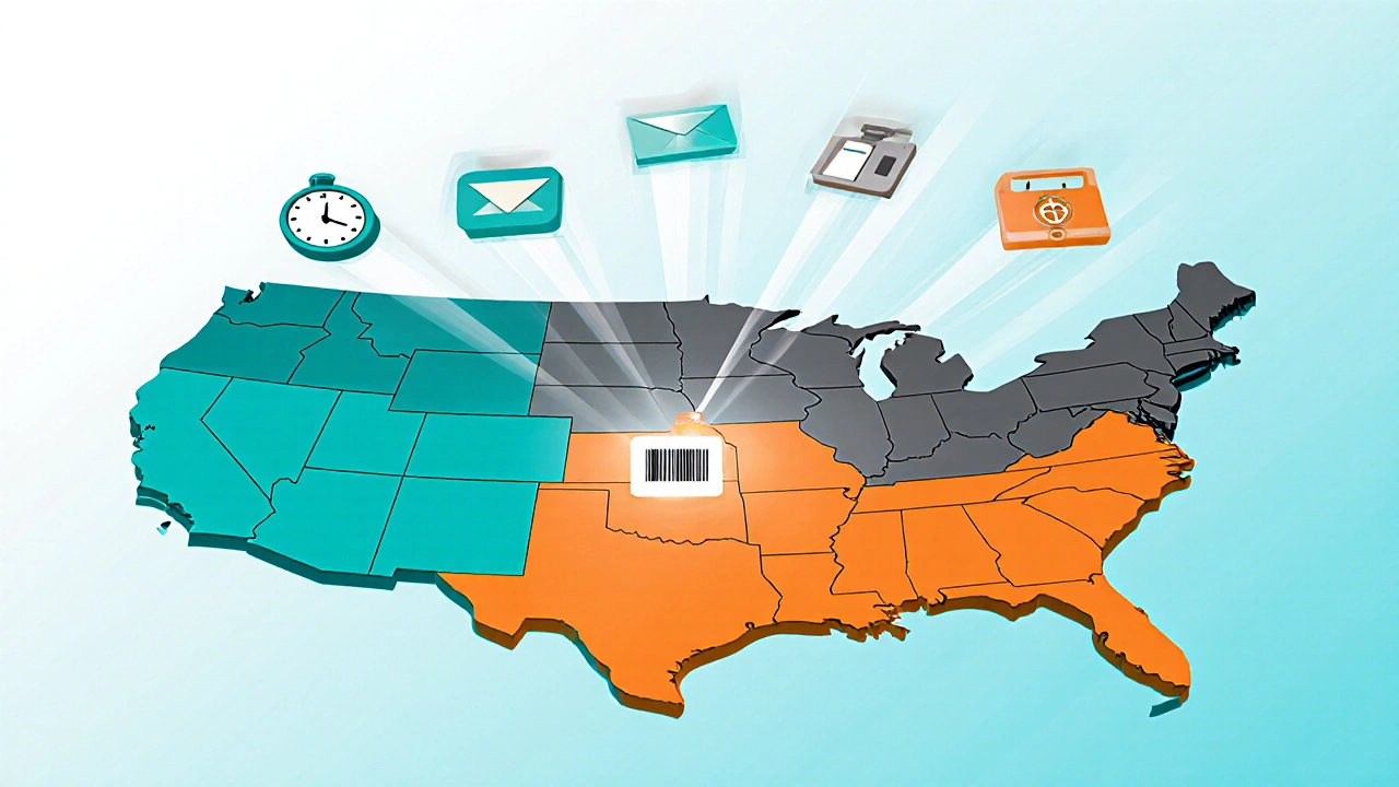 Illustrated US map showing overnight delivery zones and the four guarantee pillars.