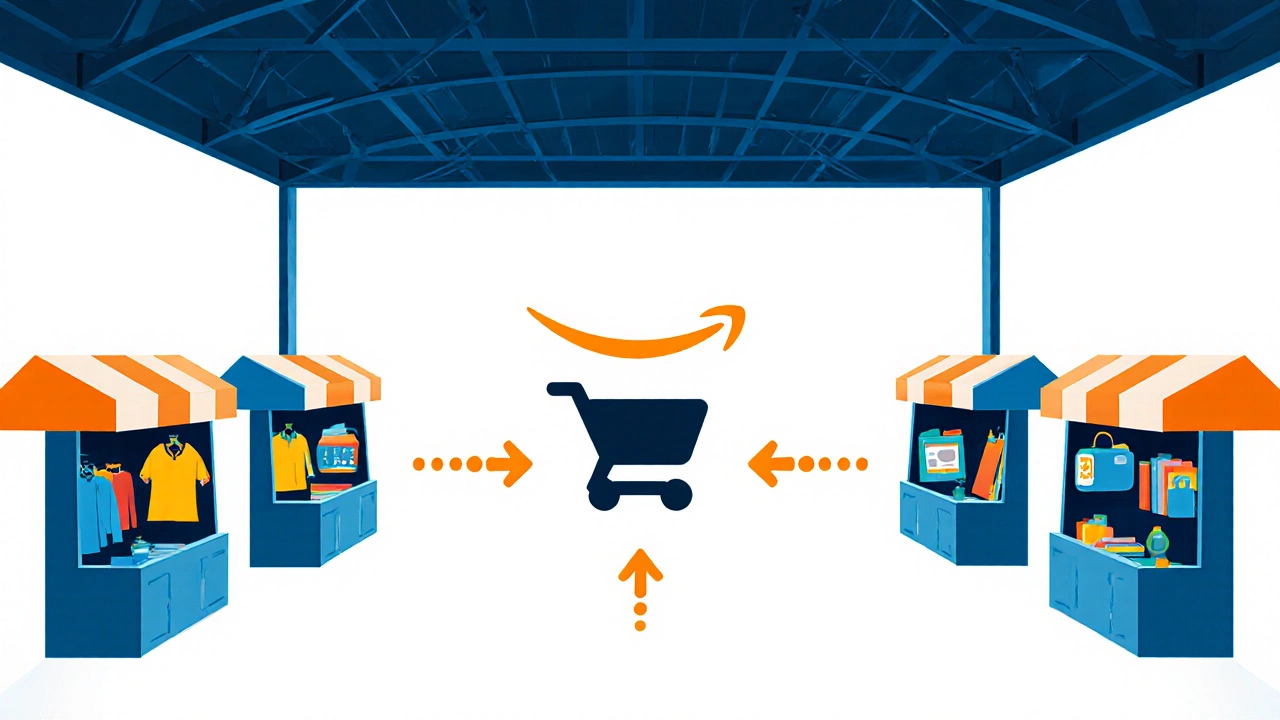 Illustration of a digital marketplace with Amazon as the central hub linking vendor stalls.