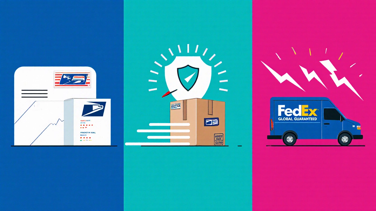 Illustration of three USPS services: First-Class envelope, Priority box, GEG courier.