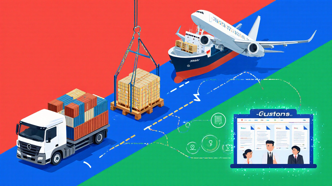 Illustration showing truck pickup, ship loading, plane departure, and customs inspection.