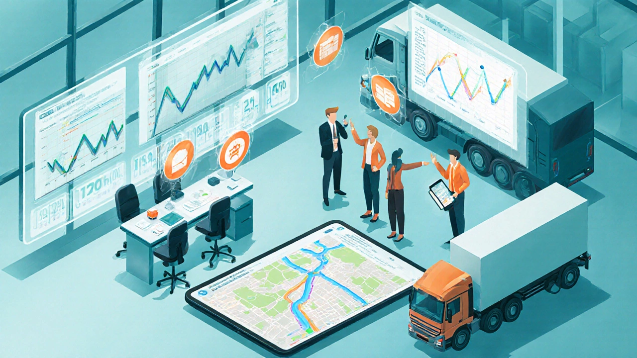 Isometric control center with planners, floating icons for order and inventory, and a driver receiving load info.