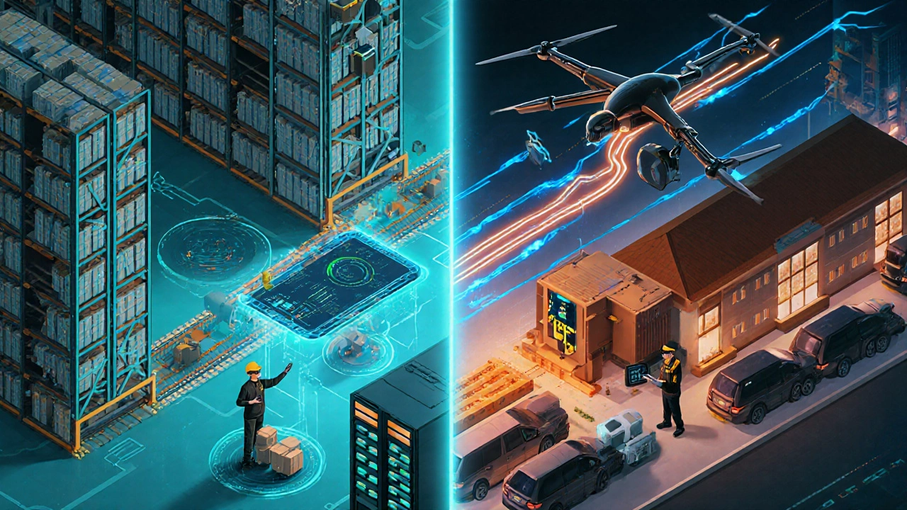 Isometric scene of Amazon robotized warehouse and UPS route‑optimization center connected by glowing data lines.