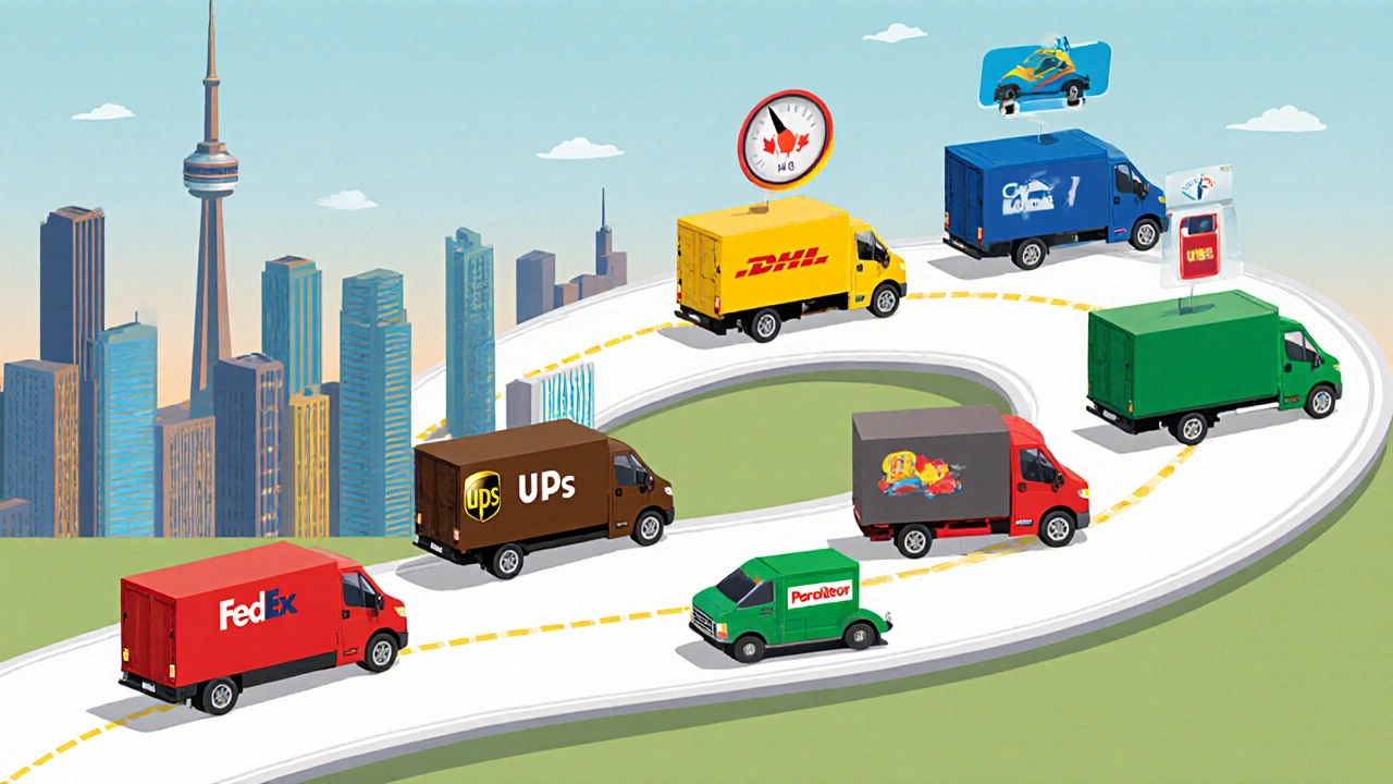 Isometric view of colored delivery trucks moving from Toronto to New York with weight icons.