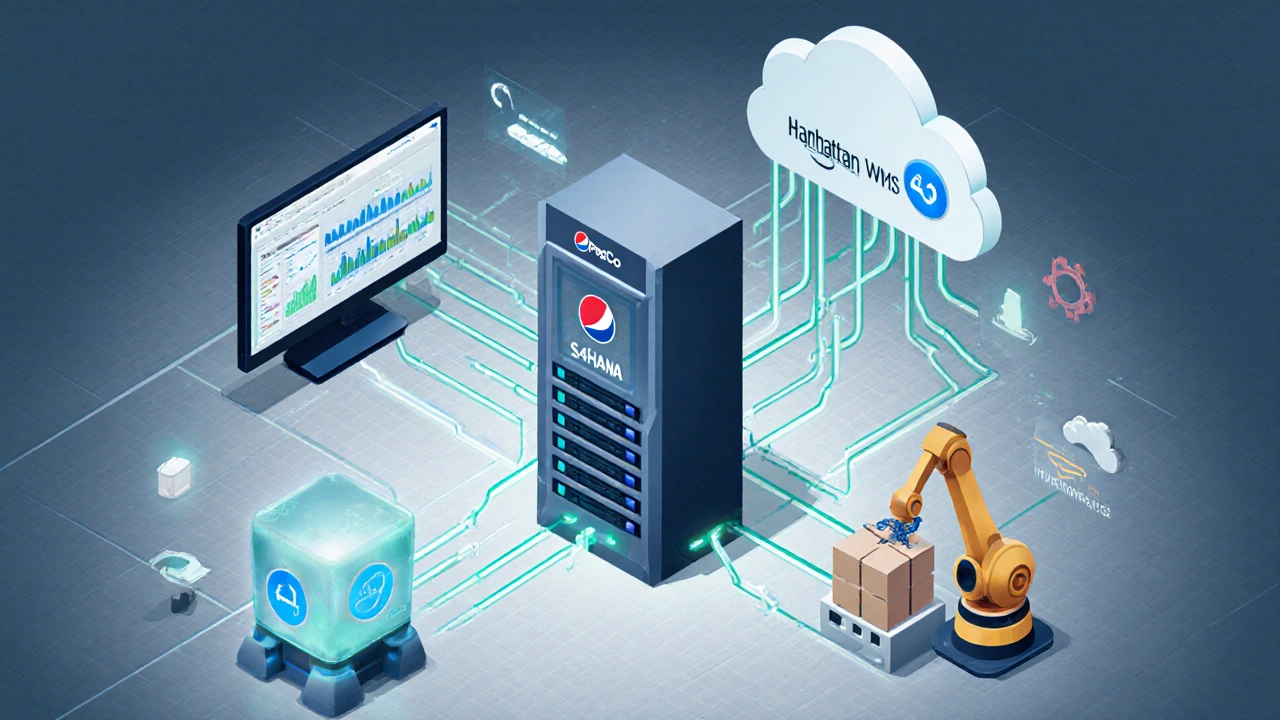Isometric view of Manhattan WMS linked to SAP, TMS, IoT sensors, and cloud services.