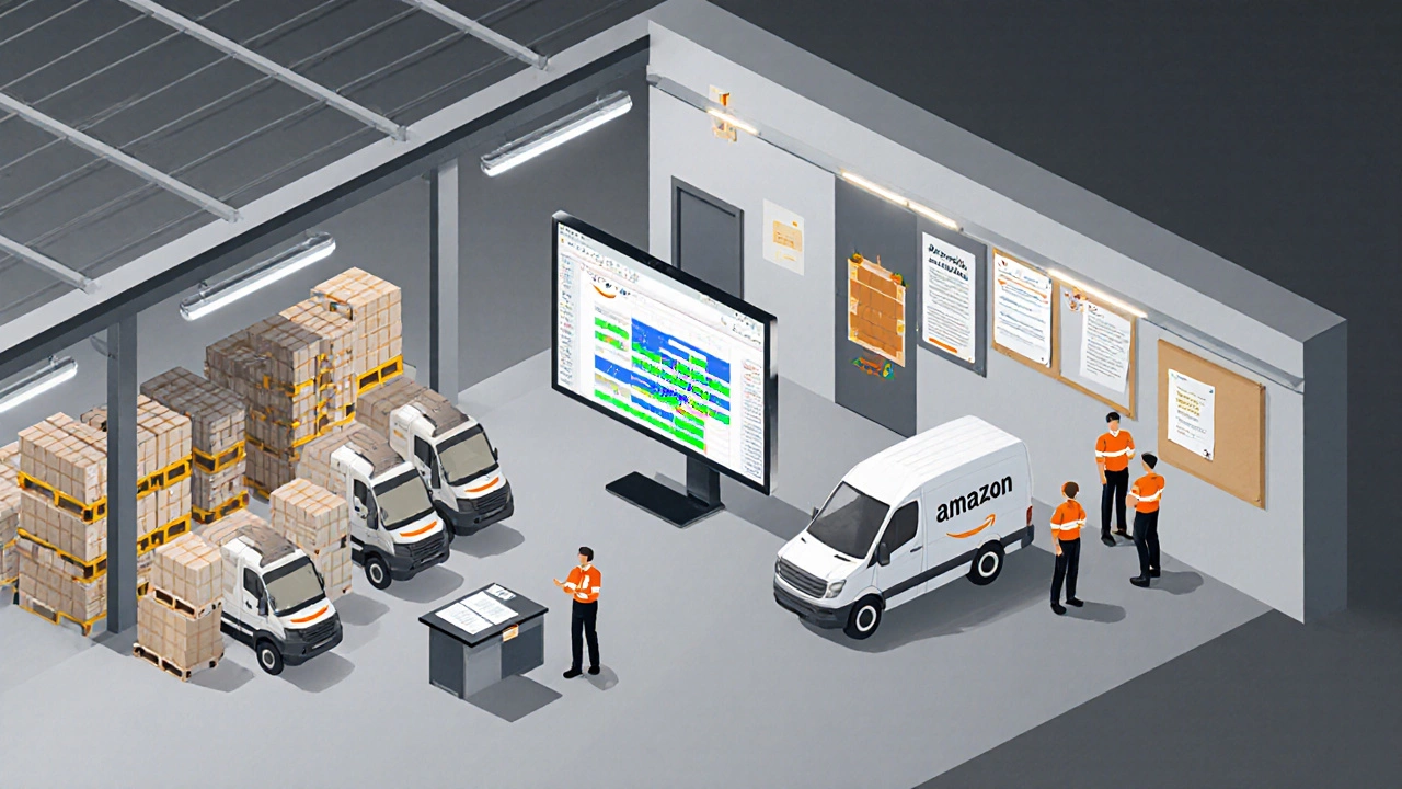 Isometric view of warehouse, vans, software dashboard, and staff showing cost breakdown.