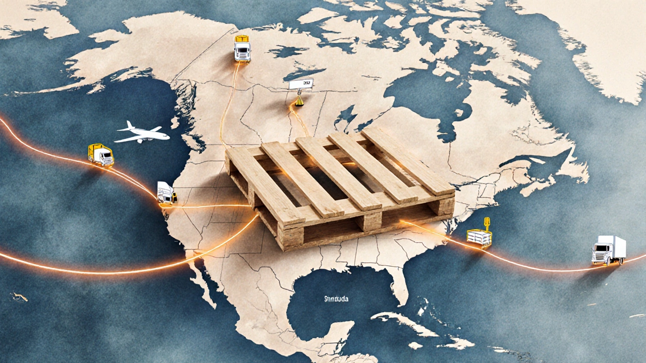 Pallet traveling through a map of Canada via glowing freight routes in artistic style.