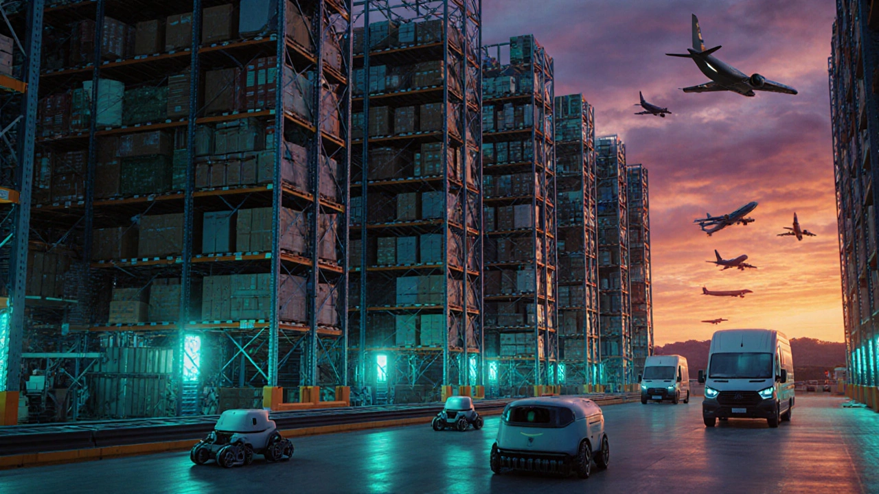 Scene of an Amazon warehouse with robots, conveyors, and delivery vans at sunset.
