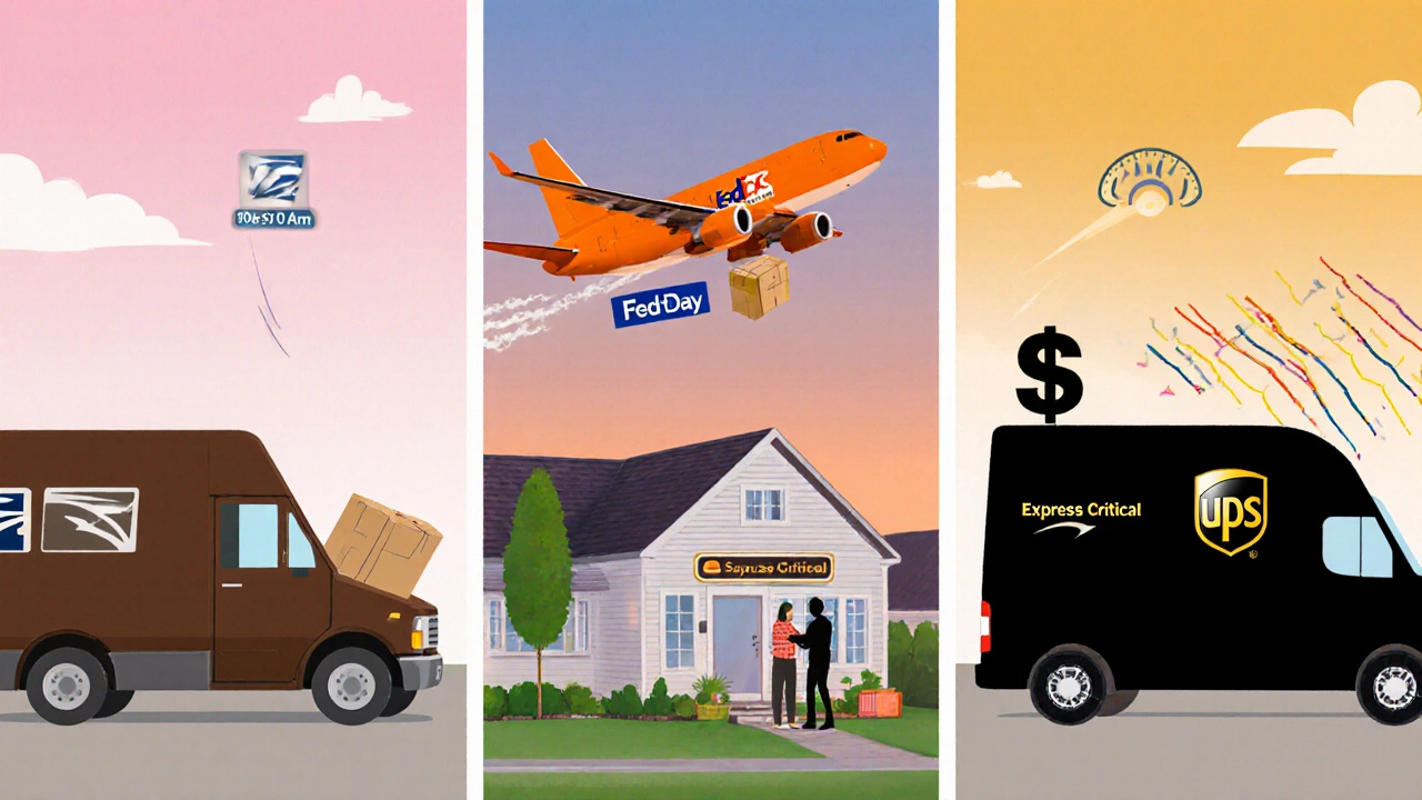Split scene comparing USPS, FedEx, and UPS delivering packages with speed lines.