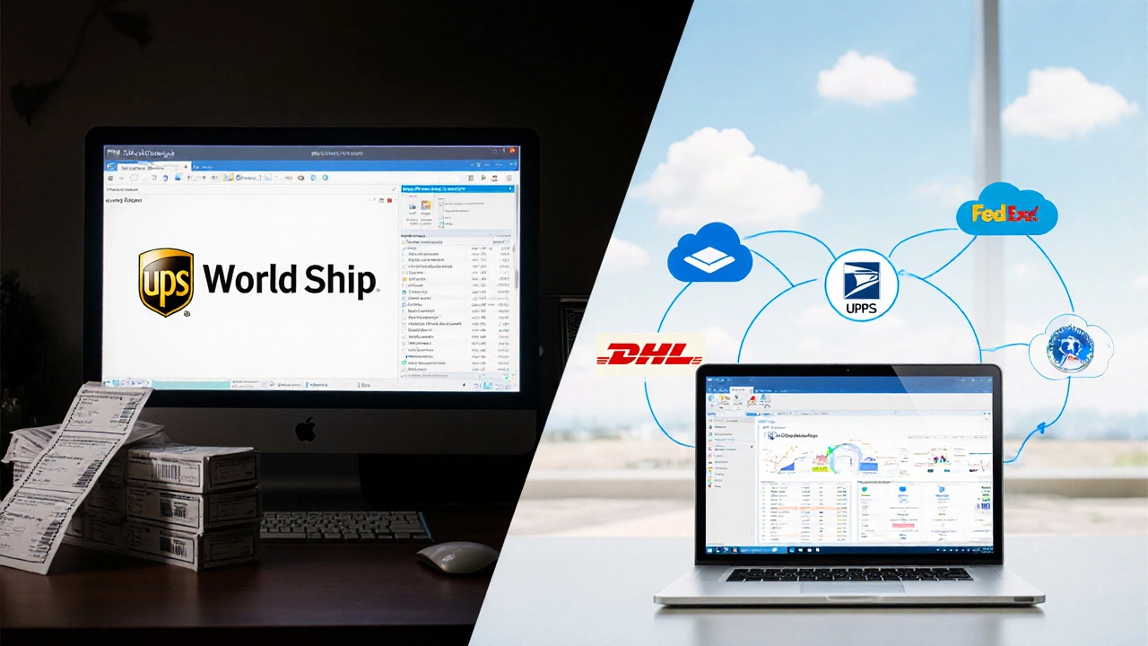 Split-scene showing UPS WorldShip on a Windows PC versus cloud multi-carrier software on a laptop.