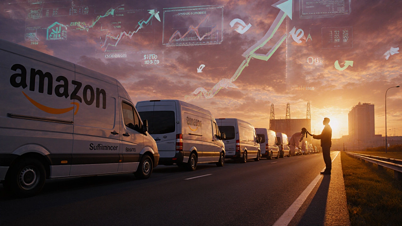 Sunrise scene of branded delivery vans on road, symbolizing launch and ROI.