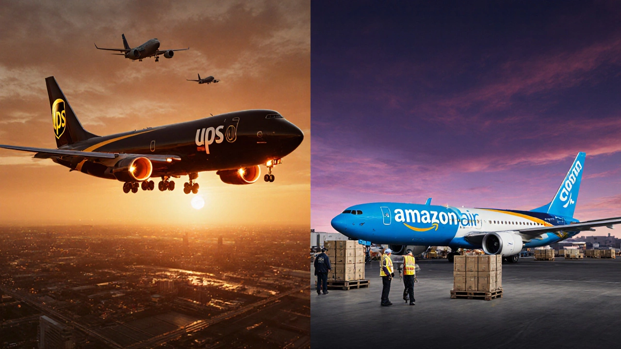 Sunset airport view contrasting UPS cargo planes with Amazon Air jets on parallel runways.