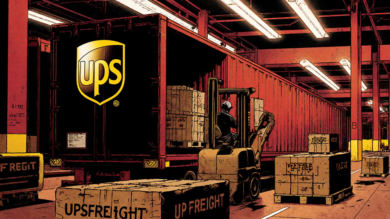 UPS driver loading pallets onto a freight trailer in a busy logistics center.