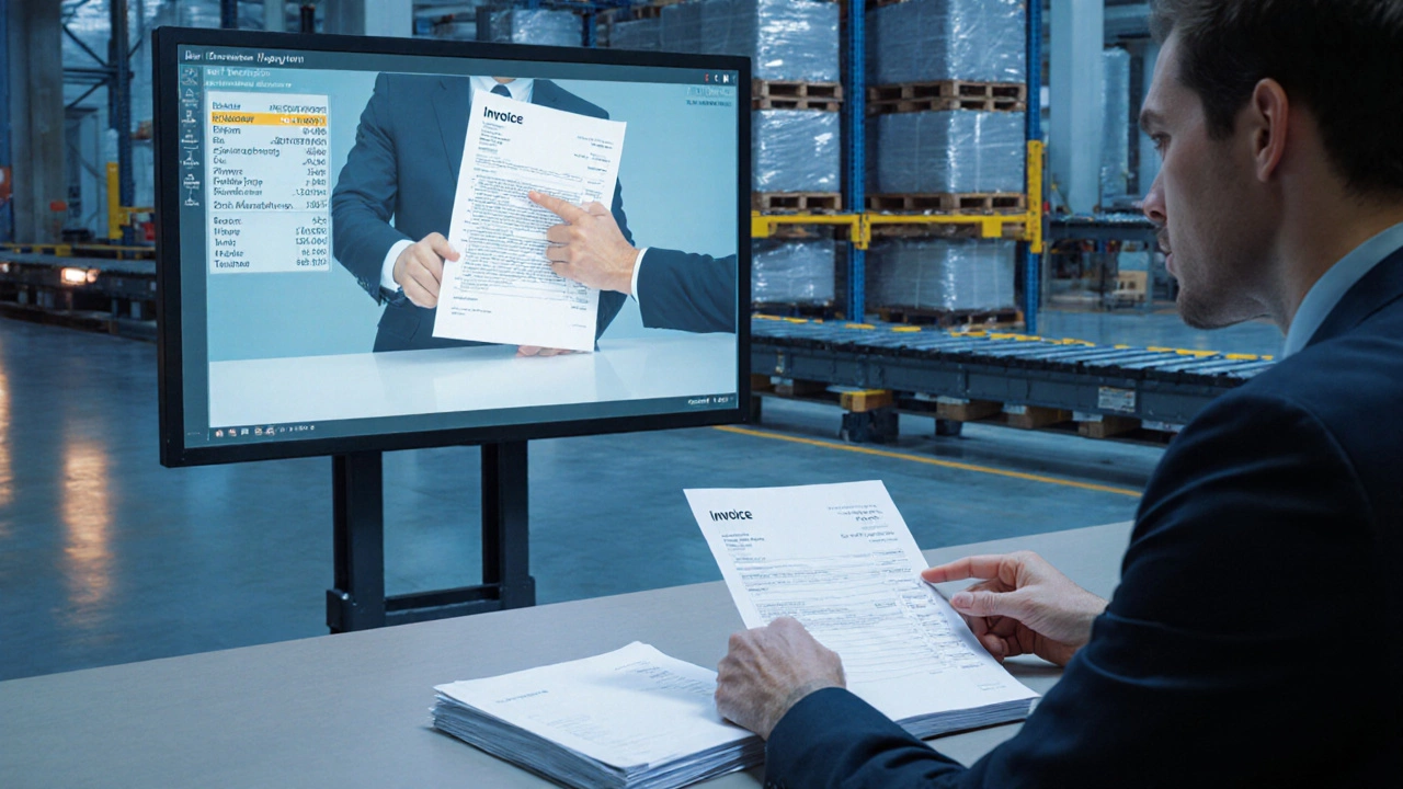Warehouse manager reviewing invoices and negotiating with carrier representative.