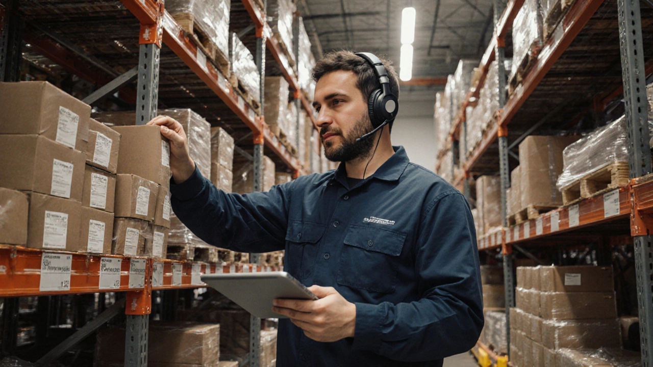 Warehouse worker using voice-directed system to pick items from labeled shelves in a modern fulfillment center.