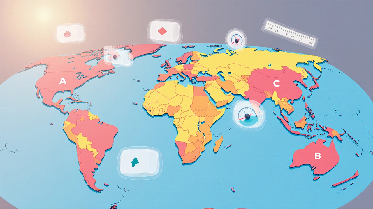 World map divided into color zones with floating parcel icons, ruler and fuel gauge overlays.