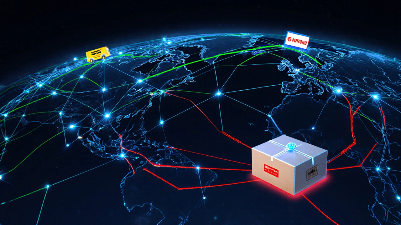 A glowing network of shipping routes connecting cities, with the cheapest path shown in blue from Toronto to Australia.