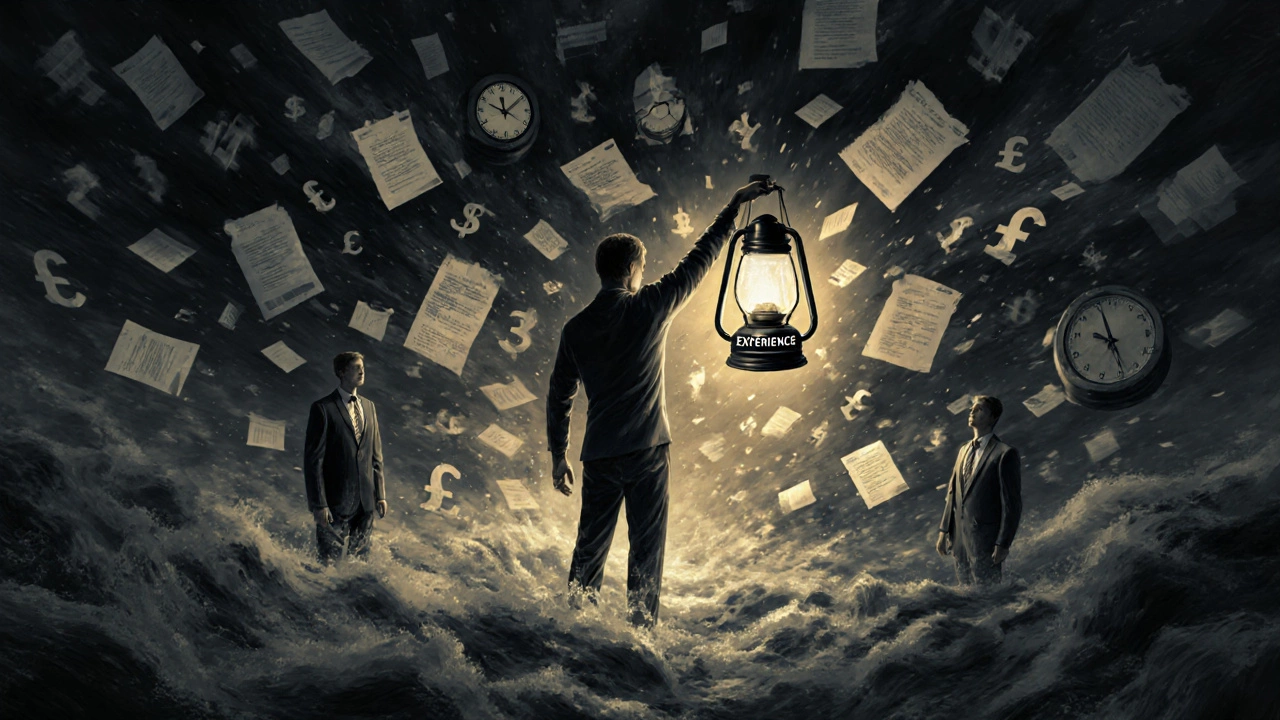 A person illuminated by a lantern of experience walking through a storm of logistics chaos.