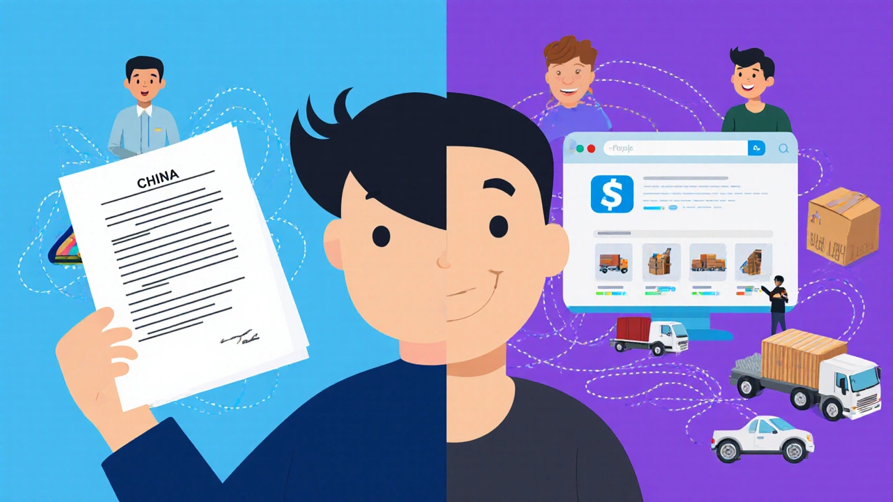 A split-figure representing a dropshipper managing suppliers and online sales with delivery connections.