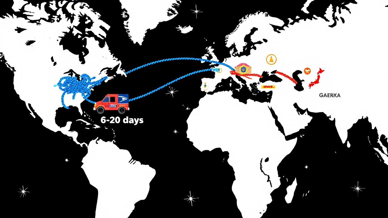 Abstract global shipping routes: frayed blue yarn for slow USPS delivery, bright red cable for fast DHL delivery across continents.