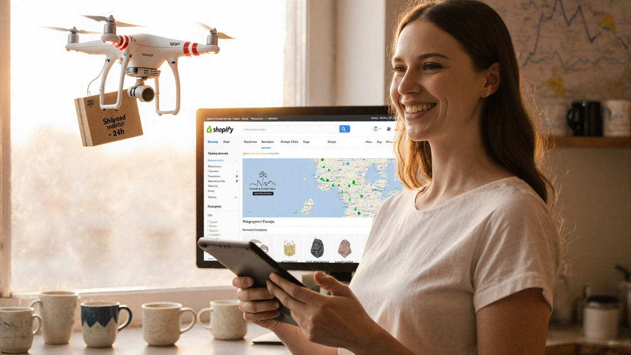 An artist smiling at her branded online store dashboard with a delivery drone outside.