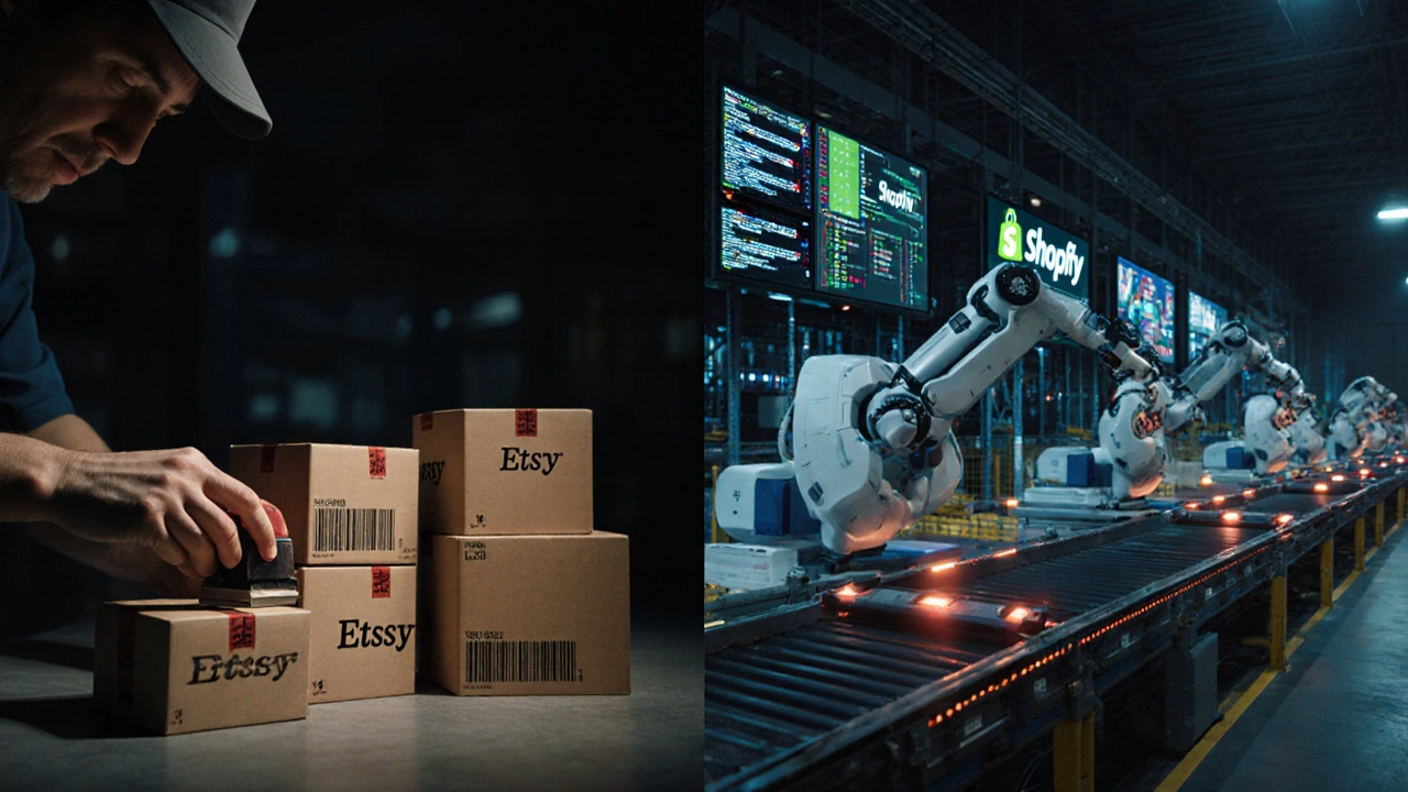 Contrasting warehouse workflows: manual packing vs automated robotic fulfillment system.