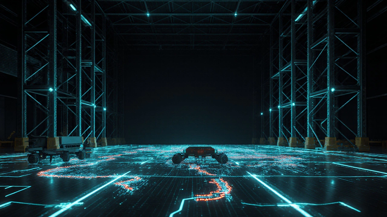 Digital twin overlay showing real-time robot paths and inventory heat maps in a warehouse