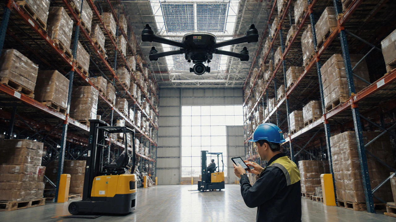 Drone scanning warehouse racks while electric forklifts and robots operate below