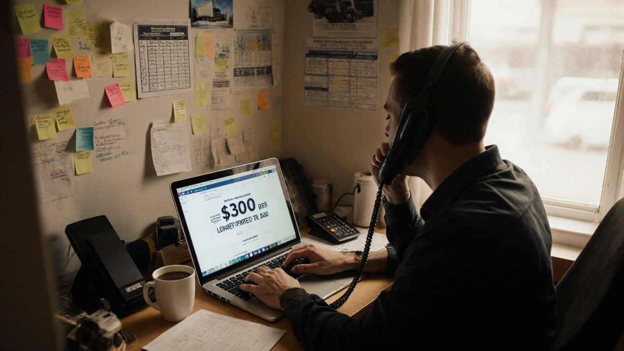 Freight broker in home office managing loads on laptop and phone, surrounded by notes and load boards.