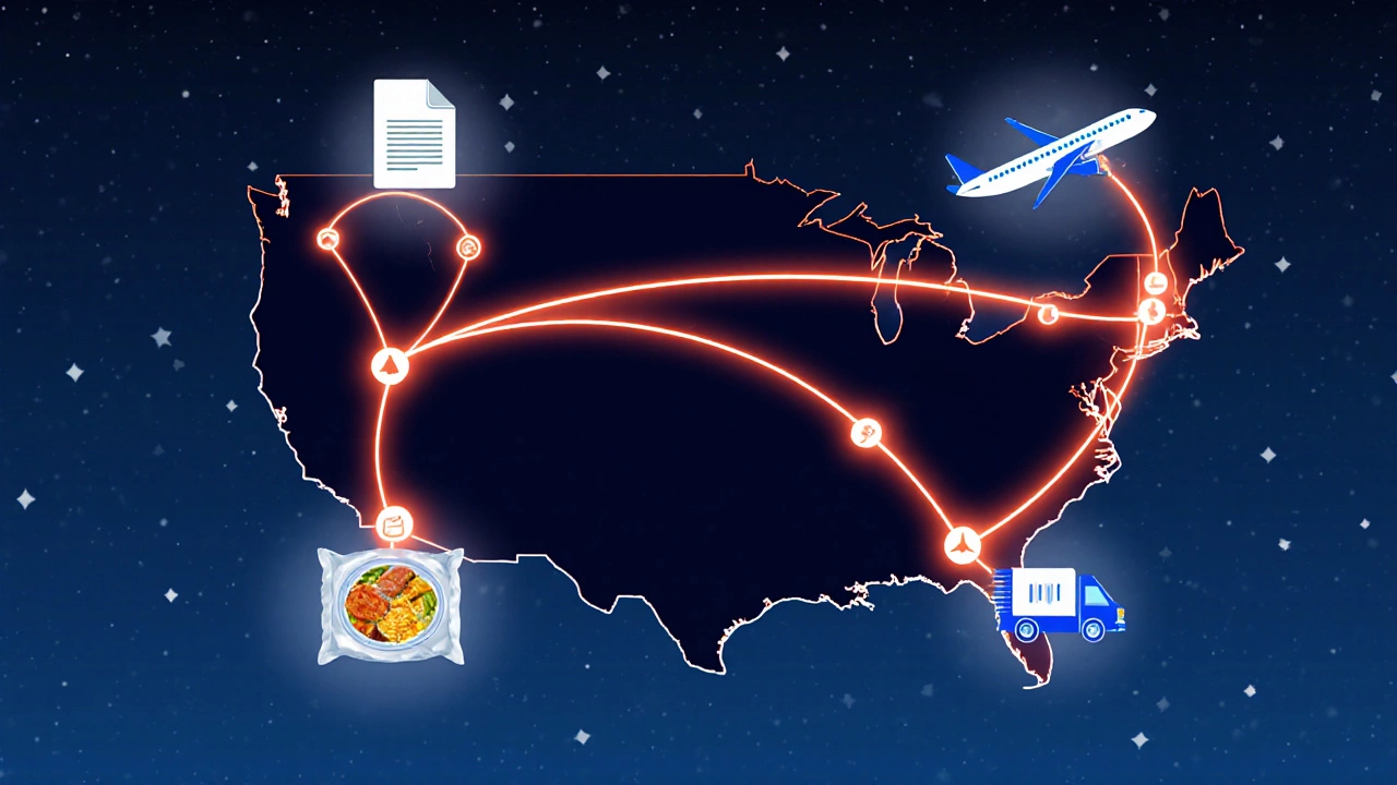 Glowing map showing overnight delivery routes across Canada.